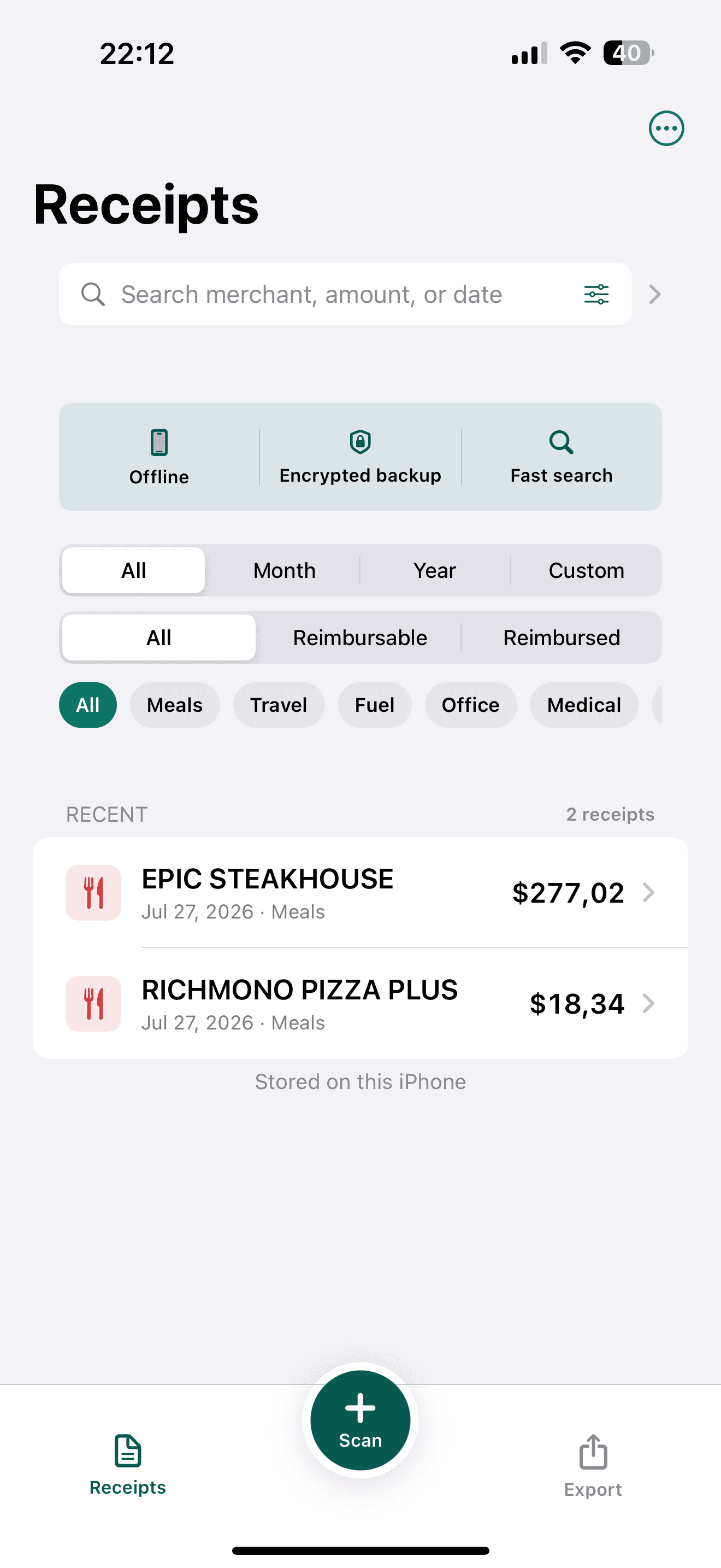 Receipt Vault receipt archive on iPhone