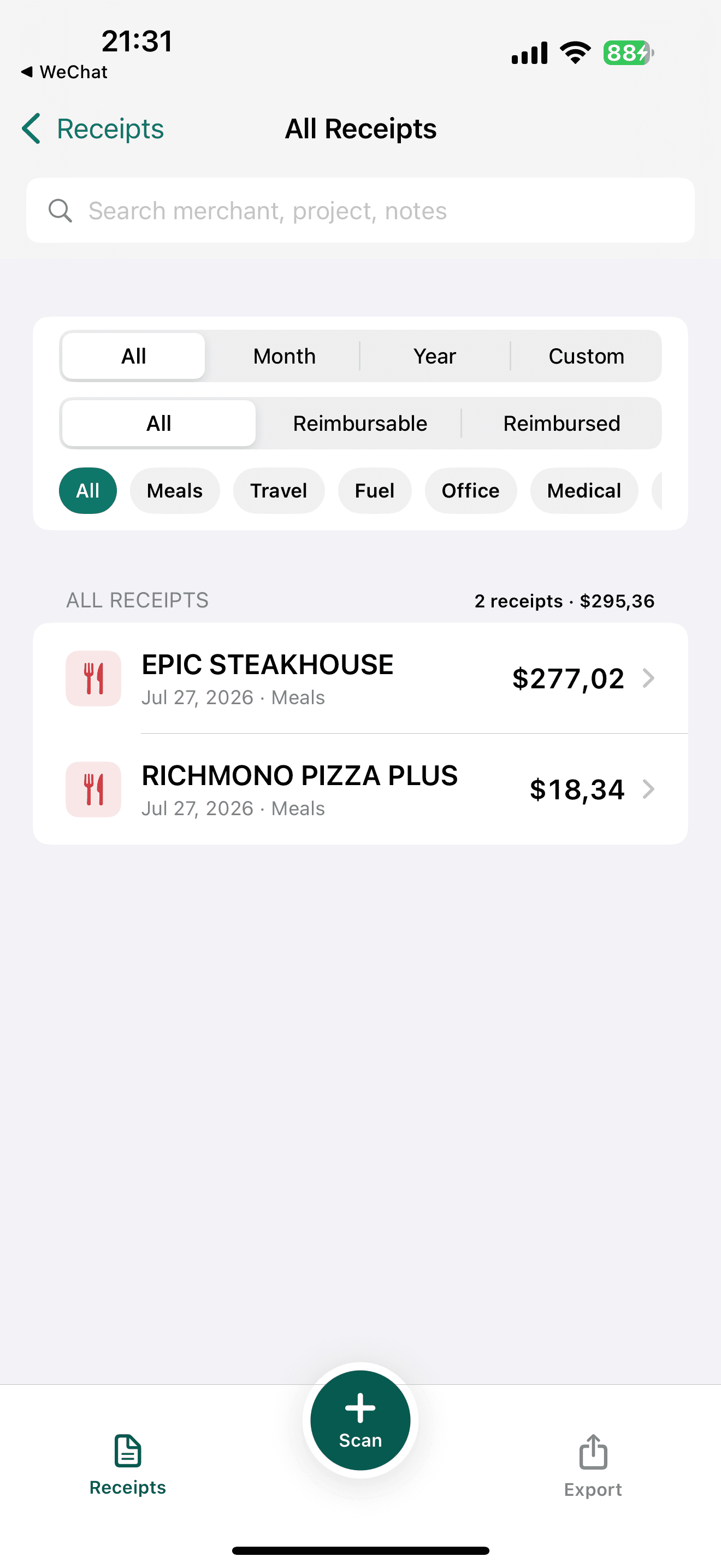 Receipt Vault All Receipts screen with search, date, reimbursement, and category filters