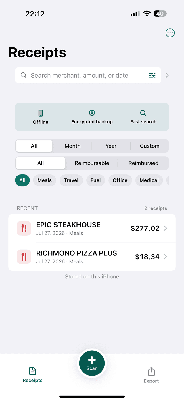 Current Receipt Vault app home screen with offline storage, encrypted backup, fast search, and receipt filters